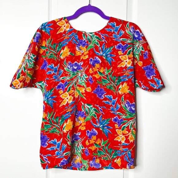 80s/90s Silk Red and Colorful Flowers Nicola Blouse - Picture 1 of 3